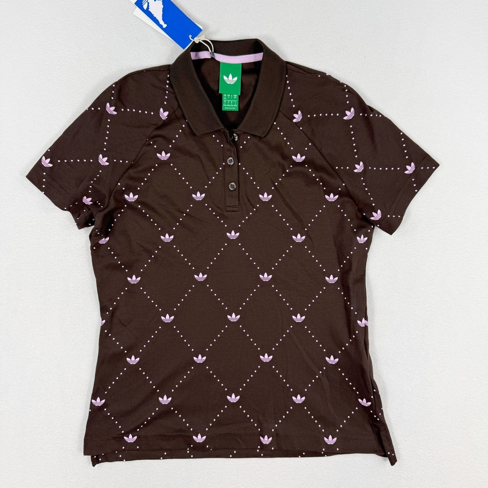 Adidas Womens Golf Polo Trefoil Printed Size M Brown/Pink JX9266, NEW
